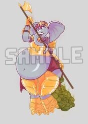 2020 absurd_res anthro arm_armor armor belly big_belly bottomwear breastplate breasts chainmail clothed clothing digital_drawing_(artwork) digital_media_(artwork) distracting_watermark elephant elephantid english_text excessive_feces feces feces_pile female gold_(metal) gold_armor grey_body hair halberd hand_on_butt hi_res holding_object holding_weapon hyper hyper_feces hyper_scat leg_armor loincloth looking_at_viewer mammal melee_weapon navel open_mouth open_smile orange_hair overweight partially_clothed polearm proboscidean proboscis_(anatomy) raised_hand red_bottomwear red_clothing red_loincloth scat sembako simple_background small_breasts smile solo stink_fumes teal_eyes text thick_thighs torn_clothing torn_loincloth trunk_(anatomy) tusks watermark weapon wide_hips