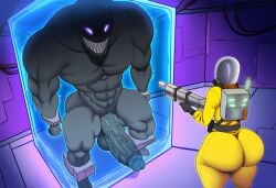 1boy 1boy1girl 1girls ai_generated big_ass big_breasts container curvy curvy_figure female gun hazmat hazmat_suit height_difference imminent_rape imminent_sex male monster monster_cock mullon muscular muscular_male nameless_character novelai original sci-fi size_difference voluptuous