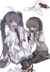 2girls black_thighhighs blood bone brown_hair capelet cross cross_print crown_print deep_wound exposed_bone green_necktie grey_eyes guro hair_ornament hairclip highres holding_sewing_needle injury ludo_(grapewood1005) mamiya_hasaki multiple_girls necktie needle plaid_clothes plaid_skirt purple_hair red_necktie school_uniform sewing sewing_needle shirt skirt skirt_set stitched_arm stitches stitching straight_hair stuffed_animal stuffed_rabbit stuffed_toy stuffing subarashiki_hibi sweater_vest tearing_up tears thighhighs thread twintails wakatsuki_kagami white_capelet white_shirt white_skirt wince x_hair_ornament yellow_sweater_vest