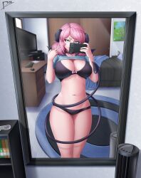 bed bedroom breasts cellphone diskette flipping_off light-skinned_female light_skin mirror mirror_selfie phone pink_eyes pink_hair selfie sette_(diskette) short_hair snes snes_controller succubus succubus_tail tail television thighs