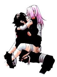 1boy 1girls arm_tattoo belt black_hair blush closed_eyes clothed_sex cowgirl_position detached_sleeves female fingerless_gloves gloves heavy_breathing human kissing leg_lock legs male nami86 naruto open_mouth panties panties_around_leg panties_around_one_leg panting pants pink_hair sakura_haruno sasuke_uchiha sex shirt short_hair shorts simple_background sitting straddle straight straight_hair sweat tattoo tongue underwear white_panties