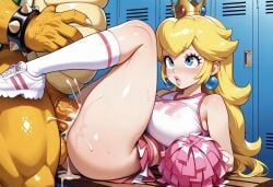 1boy 1girls ai_generated anthro anthro_on_human bench blonde_hair blue_eyes bowser breasts cheerleader cheerleader_uniform clothing cum cum_in_pussy cumdrip duo ejaculation faceless_male female female_focus genitals human human_on_anthro indoors interracial_sex interspecies koopa legs_up light-skinned_female light_skin locker_room long_hair male male/female mario_(series) mature mature_female mature_male missionary_position nintendo open_mouth penis penis_in_pussy princess princess_peach reptile royalty scalie shirt shoes socks straight straight_sex unseen_male_face voluptuous voluptuous_female
