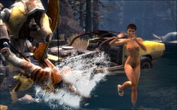 3d alyx_vance black_hair car dog_(half-life) dog_(half-life_2) female forest half-life half-life_2 headband nude outdoors outside playing river robot splash valve valve_(company) what