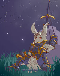 1boy anthro anus armor balls bandage blood blood_stain bloody_bandage closed_mouth clothes color fur furry furry_ears grass grey_fur kosian lagomorph long_ears male male_only night open_eyes outdoors penis rabbit red_blood red_eyes solo stars sword tear weapon