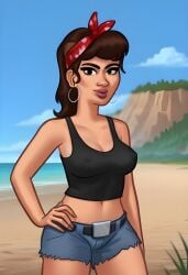 1girl 2d_(artwork) ai_generated bandana beach_background black_tank_top brown_hair_female camila_martinez_(summertime_saga) civitai earrings erect_nipples high_res hispanic latina_female lipstick ponytail ripped_shorts solo_female summertime_saga tagme upscaled