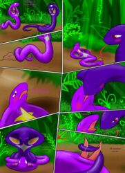 arbok blush comic diphallia diphallism female grey_eyes hemipenes kissing livinlovindude male multi_penis nintendo on_back outside penis pokemon precum red_eyes snake tailjob