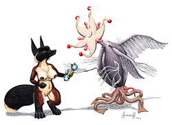 1990s 1995 20th_century anthro ashtoreth ashtoreth_(artist) big_breasts breasts canine cthulhu_mythos digitigrade elder_thing female fox fur furry h.p._lovecraft huge_breasts lovecraft no_pupils plain_background pussy white_background wide_hips