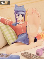 1girl blue_eyes blue_hair cool_mita_(miside) female female_focus female_only foot_fetish foot_focus looking_at_viewer miside mita_(miside) presenting_feet sitting_on_couch soles soles_female soles_fetish