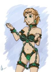 1girls blonde_hair bondage breasts chains chastity chastity_belt chastity_bra circlet collar crown_braid earrings female female_only green_eyes linked_collar linked_cuffs midriff navel nintendo princess_zelda short_hair small_breasts sozokureed tears_of_the_kingdom the_legend_of_zelda thigh_cuffs wrist_cuffs zelda_(tears_of_the_kingdom)