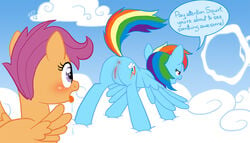 blush english_text equine female friendship_is_magic hair hooves my_little_pony pegasus pussy rainbow_dash_(mlp) raised_tail scootaloo_(mlp) smooth_skin tail text tongue wings zed001