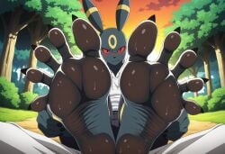 ai_generated anthro background black_fur black_toenails feet feet_together foot_fetish fuealahomg furry nature nature_background pokemon pokemon_(species) red_eyes sitting soles solo spread_toes toenails toes umbreon wrinkled_soles yellow_fur