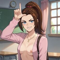 ai_generated brat bratty candy_boi_commission classroom femdom humiliation kitty_pryde loser_gesture loser_symbol marvel ponytail school schoolgirl smirk smirking smug smug_expression smug_face smug_grin smug_smile teenage_girl teenager vinivini_art x-men_evolution