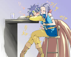 blue_eyes blue_hair blush boots bow breast_grab breasts censored chair closed_eyes clothing dragon_quest dragon_quest_iii dress from_behind futa_with_female futanari glass handjob heroine_(dq3) intersex long_hair newspaper nurunurunerune patty_(dragon_quest) penis roto short_hair sitting smile spiky_hair