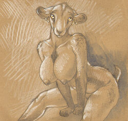 2014 anthro areola barely_visible_genitalia biped breasts brown_background cadmiumtea caprine ear_piercing female front_view goat looking_at_viewer mammal monochrome nipples nude pencil_(artwork) piercing pussy sepia short_tail simple_background sitting small_tail snout solo spot_color subtle_pussy traditional_media_(artwork) yellow_eyes