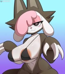 1girls 2d anthro anthro_only areolae big_breasts bikini_top breasts chikn_nuggit cleavage cofi_(chikn_nuggit) cooliehigh digital_media female female_only fur furry furry_only naughty_face posing seductive_eyes seductive_look simple_background solo standing thick_thighs wide_hips