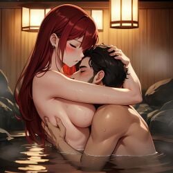 1boy 1girls ai_generated between_breasts bible_black bible_black_only completely_nude curvy curvy_figure dh_lucky face_between_breasts hot_spring hug looking_at_another nude onsen red_hair takashiro_hiroko wet wet_body