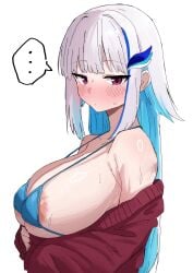 ... 1girls big_breasts blue_bra blue_hair blush bra female hairclip light-skinned_female light_skin lize_helesta long_hair nijisanji partially_clothed purple_eyes solo solo_female sweat sweater sweater_down tori_no_shigure_ni virtual_youtuber white_hair