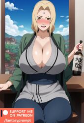 ai_generated alcohol blonde_hair blush bottle breasts_bigger_than_head brown_eyes drunk fantasyprompt female female female_only gigantic_breasts huge_breasts kimono lipstick long_hair narrow_waist naruto naruto_(series) office painted_nails sitting slim_waist thick_thighs tight_clothing tight_fit tsunade wide_hips