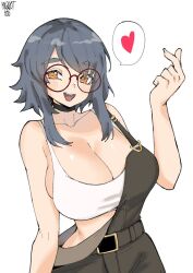big_breasts breasts character_request choker cleavage clothed commission crop_top finger_heart glasses grey_hair heart large_breasts norman_maggot off_shoulder orange_eyes overalls short_hair short_hair_with_long_locks sideboob single_strap slender_waist spoken_heart