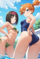 2girls adjusting_clothes adjusting_swimsuit ai_generated ass asymmetrical_hair bangs bare_arms bare_shoulders bikini bikini_bottom black_hair blue_bikini blue_eyes blue_one-piece_swimsuit blue_sky blue_swimsuit blush breasts cameltoe clothing cloud cowboy_shot day erika_(pokemon) female female_only from_behind green_bikini green_swimsuit gym_leader hair_tie hairband half-closed_eyes headwear kasumi_(pokemon) kasumi_(pokemon) large_breasts long_hair looking_at_viewer looking_back medium_breasts multiple_girls navel one-piece_swimsuit open_mouth orange_hair outdoors parted_lips partially_submerged pokemon pokemon_character ponytail pool protagonist_(pokemon) red_hairband shiny shiny_skin short_hair short_ponytail side-tie_bikini_bottom side-tie_clothing side-tie_swimsuit side_ponytail sideboob sky smile standing stomach string_bikini swimsuit thighs tied_hair underboob wading water wet wet_swimsuit