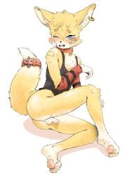 19sinzer anthro ass balls bandage belt black_nose blush blush_lines bodily_fluids bottomless bottomless_anthro bottomless_male canid canine clothed clothing collar crying ear_piercing fluffy fluffy_tail foreskin fox fur genital_fluids genitals hi_res humanoid_genitalia kemono male mammal multicolored_body multicolored_fur pawpads penis piercing precum shadow shirt simple_background sitting solo tail tank_top tears topwear two_tone_body two_tone_fur