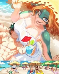 animal_ears beach belly_hug big_breasts blonde_hair blue_eyes breast_shadow cleavage clothed couple crowd dress duo_focus good_end green_skin height_difference huge_breasts husband_and_wife interspecies ippan_josei izuku_midoriya lap_pillow large_breasts minoru_mineta momo_yaoyorozu muscular muscular_male my_hero_academia ochako_uraraka romantic romantic_couple scars_all_over shadow snout straight sun_hat sundress taller_female taller_girl topless topless_male two-tone_skin vlizz white_dress