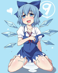 1girls bare_legs blue_eyes blue_hair blush bow breasts cirno clips_facheros collarbone female hairbow happy ice ice_wings melting open_mouth sama_samasa sexually_suggestive short_hair simple_background smile solo strap_slip touhou water wings