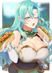 1girls breasts chloe_(fire_emblem) cleavage female female_only fire_emblem fire_emblem_engage food food_on_breasts food_play hot_dog large_breasts nintendo open_mouth revolverwingstudios solo suggestive suggestive_fluid