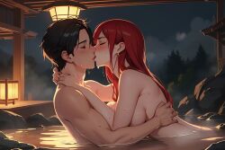 1boy 1girls ai_generated bible_black bible_black_only completely_nude curvy curvy_figure dh_lucky hot_spring hug kissing looking_at_another nude onsen red_hair takashiro_hiroko wet wet_body