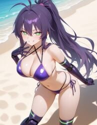 bikini boobs breasts green_eyes kirrie_ishida purple_bikini purple_hair robot_girl robot_humanoid robotic_arm robotic_legs sexy tits
