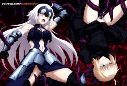 2girls ahoge ai_generated armor armored_dress artoria_pendragon_(fate) bangs bare_shoulders black_dress blonde_hair blush braid breasts chains cleavage clenched_teeth clothing_cutout dress elbow_gloves female fur_trim gauntlets gloves green_eyes hair_ribbon headpiece jeanne_d'arc_alter_(avenger)_(fate) jeanne_d'arc_alter_(fate) large_breasts long_hair medium_breasts multiple_girls navel navel_cutout no_panties open_mouth puffy_sleeves pussy pussy_juice restrained ribbon short_hair teeth tentacle tentacle_sex thighhighs vaginal_penetration very_long_hair waitercolor white_hair yellow_eyes