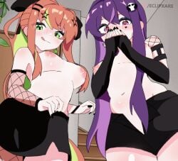 animated cute doki_doki_literature_club eclipxare goth laugh long_hair looking_at_viewer looking_down monika_(doki_doki_literature_club) orange_hair ponytail purple_hair rawr shirtless skirt unzipped_skirt yuri_(doki_doki_literature_club)