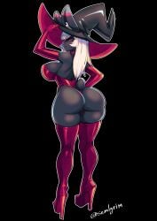 1girls absurd_res anthro armwear artist_name ass big_breasts black_background black_body bunnysuit commission female female_only high_heel_boots lagomorph leporid long_hair narrowed_eyes pink_eyes rear_view sem-l-grim solo thick_ass thick_thighs white_hair witch_hat