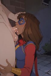 1boy 1boy1girl ai_generated blush blush blush_lines blushing_female brown_body brown_eyes brown_hair brown_skin brown_skinned_female cock cock_in_mouth cum_in_mouth drool drooling female floor interracial interracial_sex kamala_khan marvel marvel_comics mask masked_female ms._marvel ms._marvel_(kamala_khan) muslim muslim_female pakistani pakistani_female wall wall_(structure)