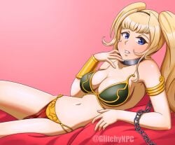 1girls blonde_hair blue_eyes breasts chain_leash collar cosplay glitchynpc granblue_fantasy large_breasts leash looking_at_viewer midriff navel princess_leia_organa princess_leia_organa_(cosplay) slave_bikini slave_leia slave_leia_(cosplay) star_wars twintails zeta_(granblue_fantasy)