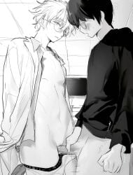 0a_bohr 1boy 1cuntboy blush class_3-z classroom cuntboy cuntboy/male erection genderswap_(mti) gintama gintoki_sakata glasses grinding hairless_pussy intersex labcoat looking_at_another male male_on_cuntboy monochrome mti_crossgender official_alternate_costume open_shirt pants_down penis school_uniform shimura_shinpachi teacher teacher_and_student uncensored