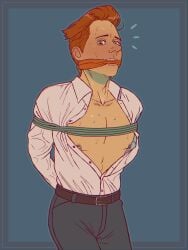 1boy bondage brett_hand cloth_gag emetofiles gag inside_job male male_only open_shirt pierced_nipples rope_bondage sweat