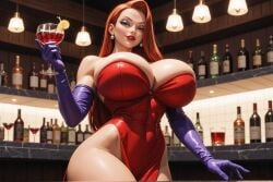 1 1girl abs ai_generated bar bar_counter big_breasts blush bottle breasts curvy cutout earrings female fit_female from_below girls gloves green_eyes high_resolution holding_glass holding_wine_glass huge_breasts indoors jessica_rabbit long_hair long_sleeves looking_at_viewer muscular narrow_waist purple_eyeshadow purple_gloves red_dress red_hair red_lipstick smug spectreai standing thick_thighs who_framed_roger_rabbit wine_glass