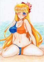 1girls aino_minako alluring bare_shoulders big_breasts bikini bishoujo_senshi_sailor_moon blonde_hair blue_eyes blush bow earrings high_res jewelry long_hair looking_at_viewer minako_aino one_eye_closed pool pussy pussy_peek red_bow saffron_factory sailor_venus sideboob sleeveless swimming_pool swimsuit very_long_hair wink