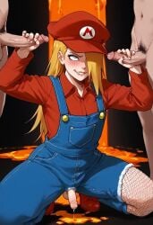 ai_generated blonde_hair blowjob blue_eyes blush deidara femboy jeans lava naruto naruto_(series) rolling_eyes squatting super_mario_bros. thick_thighs