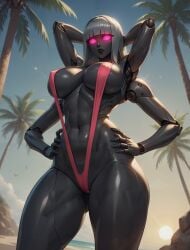 abs ai_generated artist_request bangs big_thighs busty cyborg fit_female four_hands humanoid non-human retyrikion seductive seductive_pose shy slingshot_swimsuit