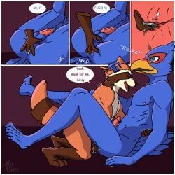 1:1 anal anal_sex anthro ass avian balls beak bird blush bodily_fluids brown_body brown_fur canid canine cum duo erection falco_lombardi fingering fur genital_fluids genitals guardians_of_the_galaxy hi_res internal male male/male male_penetrated male_penetrating male_penetrating_male mammal marvel nintendo nipples nude overunder penetration penis precum procyonid prostate prostate_stimulation raccoon rocket_raccoon sex simple_background smile star_fox tail