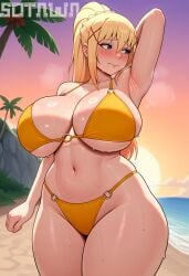 1girls ai_generated arm_up armpit_crease armpit_fetish beach bikini darkness_(konosuba) huge_breasts kono_subarashii_sekai_ni_shukufuku_wo! o-ring_bikini sotawa thick_thighs