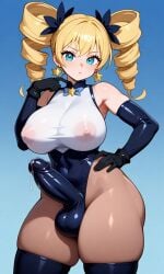 ai_generated big_breasts blonde_hair bulge claire_harvey futanari hundred leotard precum precum_drip wide_hips