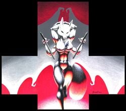 1990s 1994 20th_century 4_arms anthro arty_crop ashtoreth ashtoreth_(artist) big_breasts breasts canine dagger demon female fox fur furry huge_breasts multi_arm multi_limb pussy red succubus weapon wide_hips