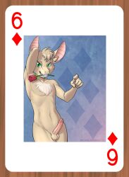 anthro balls bat bat_ears brian_mcpherson card chest_tuft desert_bat digital_media_(artwork) erection flower flower_in_mouth fur genitals green_eyes hi_res humanoid_genitalia humanoid_penis looking_at_viewer male mammal nude nude_anthro nude_male penis plant playing_card rose_(flower) rose_in_mouth simple_background smile solo tan_body tan_fur teeth tuft turo_of_akesh wingless_bat