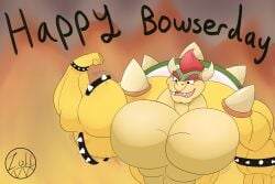 1boy abs anthro biceps big_muscles bowser bowser_day collar daddy dilf english_text female flexing_bicep furry furry_male furry_only gigantic_muscles hair horns huge_muscles koopa large_muscles male male_only mario_(series) muscles muscular muscular_arms muscular_male nintendo pecs red_hair reptile scalie shell solo solo_female solo_focus spiked_shell spikes spikes_(anatomy) upper_body yellow_skin