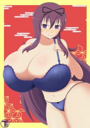 1girls alternate_breast_size artist_name blue_bra blue_panties blush blush bra breasts breasts_bigger_than_head cleavage female female_focus gigantic_breasts hands_on_own_chest huge_breasts hyper_breasts long_hair looking_at_own_breasts massive_breasts midriff murasaki_(senran_kagura) navel panties purple_eyes purple_hair ribbon senran_kagura skindentation sweat sweatdrop thick_thighs thighs timaeus underwear underwear_only wide_hips