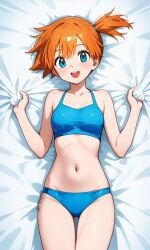 :d ai_generated armpits asymmetrical_hair bangs bare_arms bare_shoulders bed bed_sheet bikini blue_bikini blue_eyes blue_swimsuit blush breasts clavicle clothing cowboy_shot dakimakura_(medium) eyelashes female female female_only hair_between_eyes kasumi_(pokemon) kasumi_(pokemon) legs looking_at_viewer lying medium_breasts midriff navel on_back on_bed open-mouth_smile open_mouth orange_hair pillow pokemon pokemon_character ponytail sheet_grab shiny short_hair side_ponytail small_breasts smile solo stomach swimsuit teeth thighs tied_hair tongue twitter_username underwear upper_teeth upper_teeth_only username