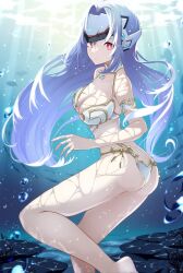 1girls absurd_res alternate_costume android armlet big_breasts bikini blue_hair forehead_protector high_res jewelry kos-mos kos-mos_re: long_hair red_eyes risumi_(taka-fallcherryblossom) swimsuit underwater very_long_hair xenoblade_(series) xenoblade_chronicles_2